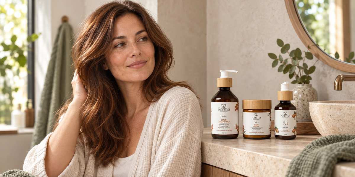 Femme aux cheveux colorés cuivrés avec la Routine Color Karma Cosmétiques