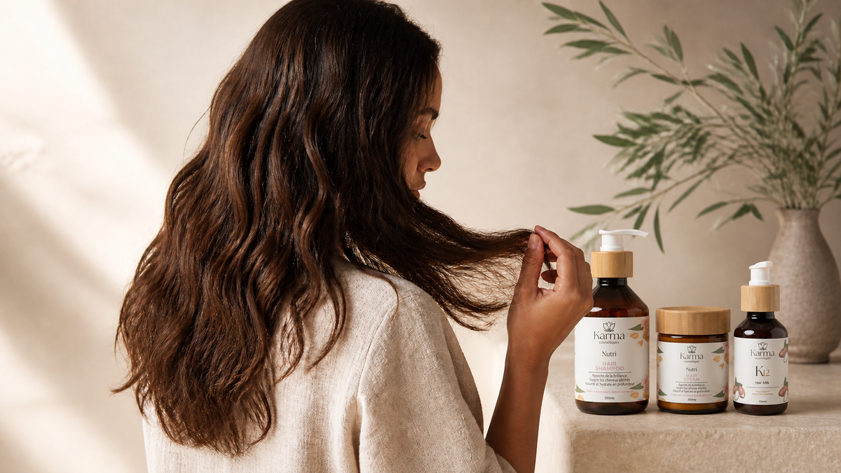 Femme observant ses cheveux à côté de la routine Nutri et du soin K12 de Karma Cosmétiques
