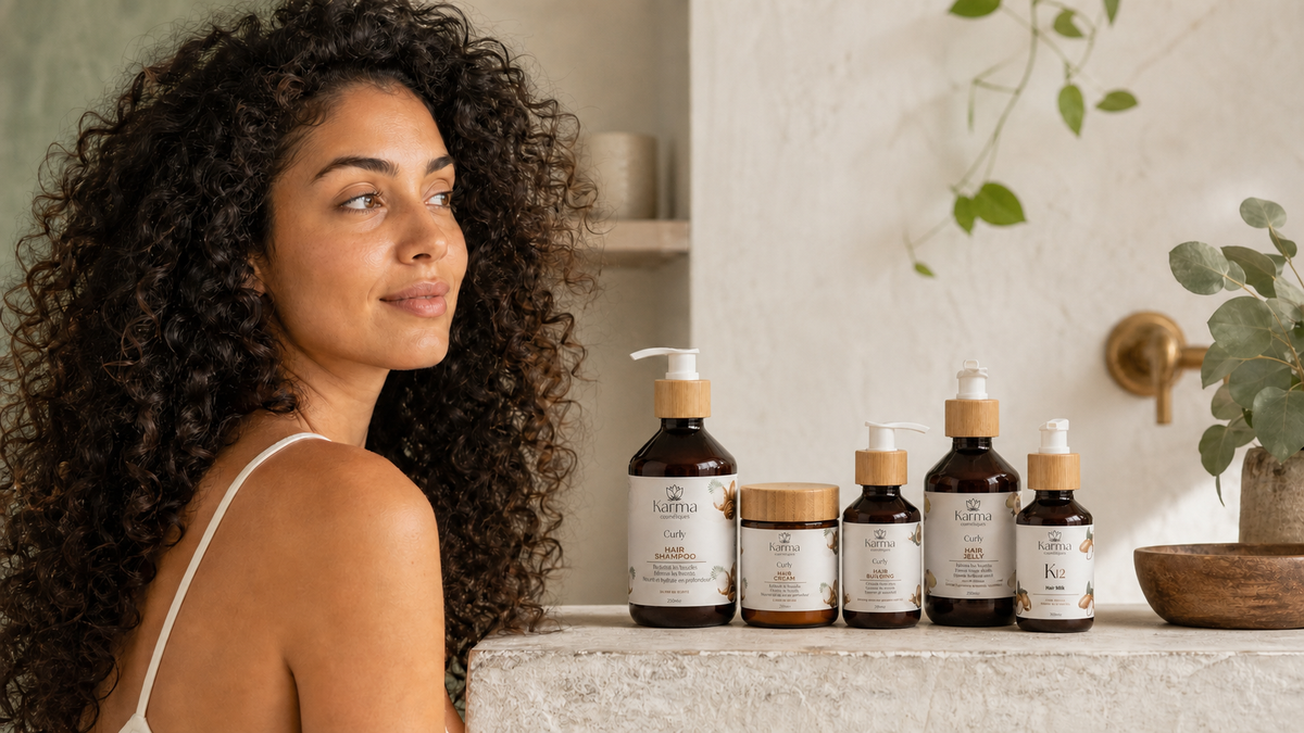 Femme aux cheveux bouclés avec la routine Curly de Karma Cosmétiques